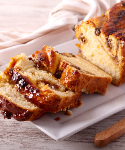 Fruit and nut babka bread, sliced