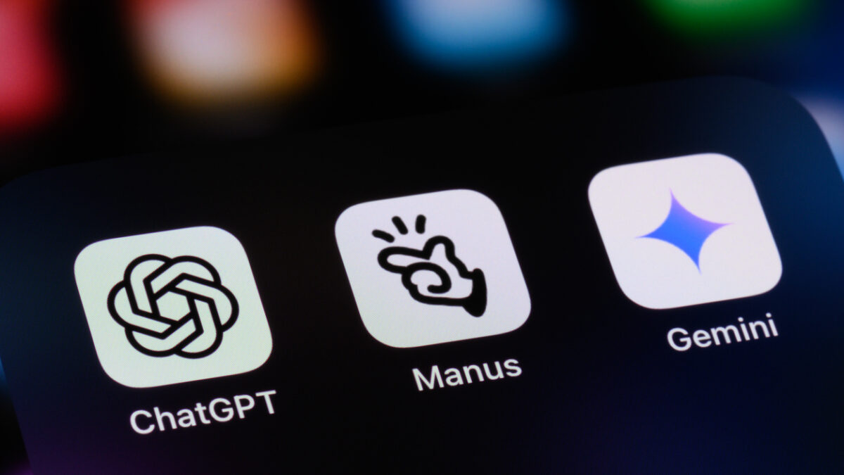 AI assistant apps on a smartphone - OpenAI ChatGPT, Manus AI, and Google Gemini.