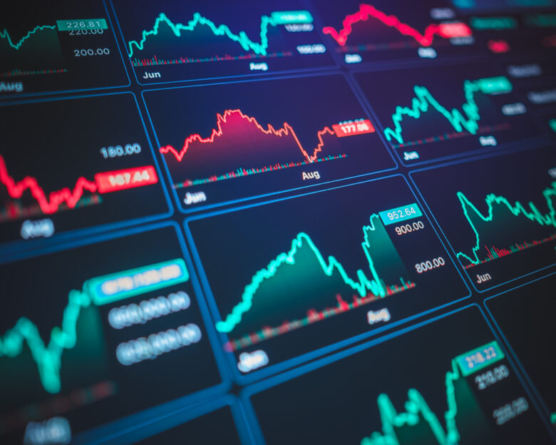 Digital financial dashboard with multiple red candlestick charts representing bearish momentum and economic distress. stock market drop, financial technology, bearish trends, AI investment tools, crisis investing, and digital economy.