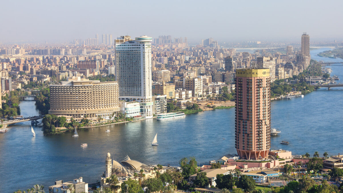 Egypt, Cairo, Aerial view of cityscape and Nile river - Cairo and Nile from above
