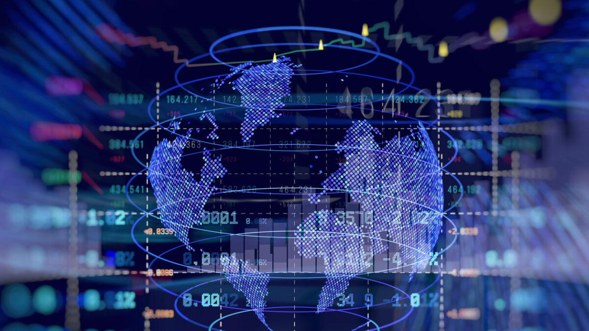 High-tech abstract background global financial market interface with world map and digital candlestick chart overlay. Concept for international economics, blockchain and cryptocurrency trading