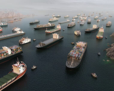 Cargo vessels congestion blocking maritime traffic in the Strait of Hormuz, tankers and container cargo ships clustered in aerial 3D illustration render. Strategic maritime chokepoint linking the Persian Gulf and Gulf of Oman. Global trade dependency, export logistics, freight transport, supply chain vulnerability, geopolitical tension 3D