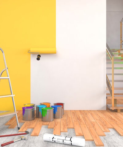 Repair and painting of walls in room. 3D illustration