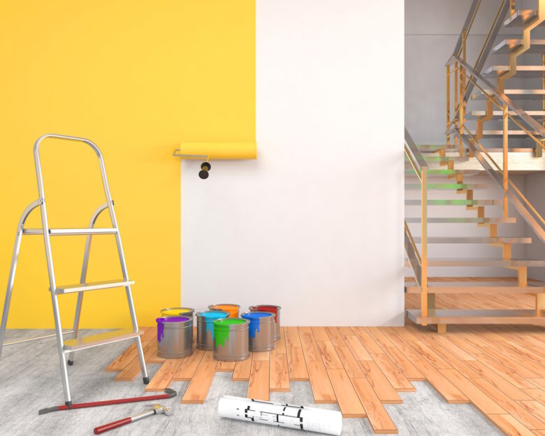 Repair and painting of walls in room. 3D illustration