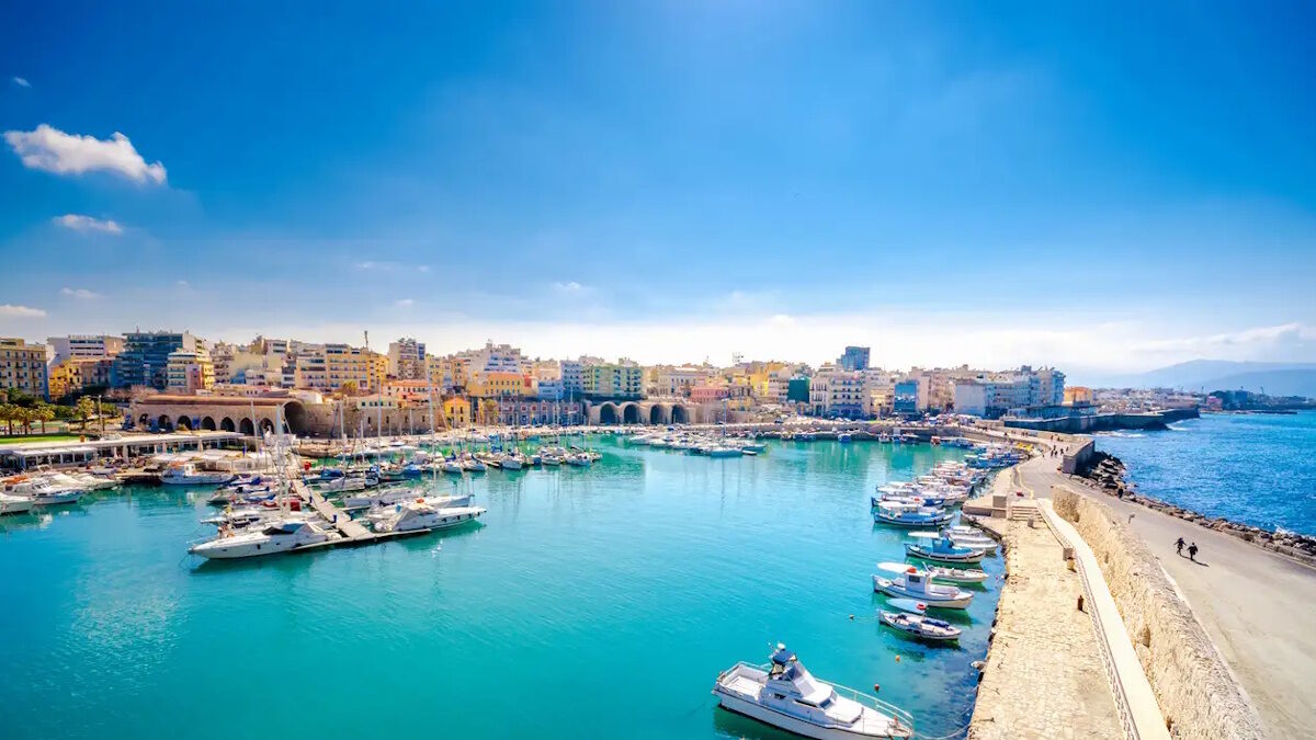 View of Heraklion harbour from the old venetian fort Koule, Crete, Greece