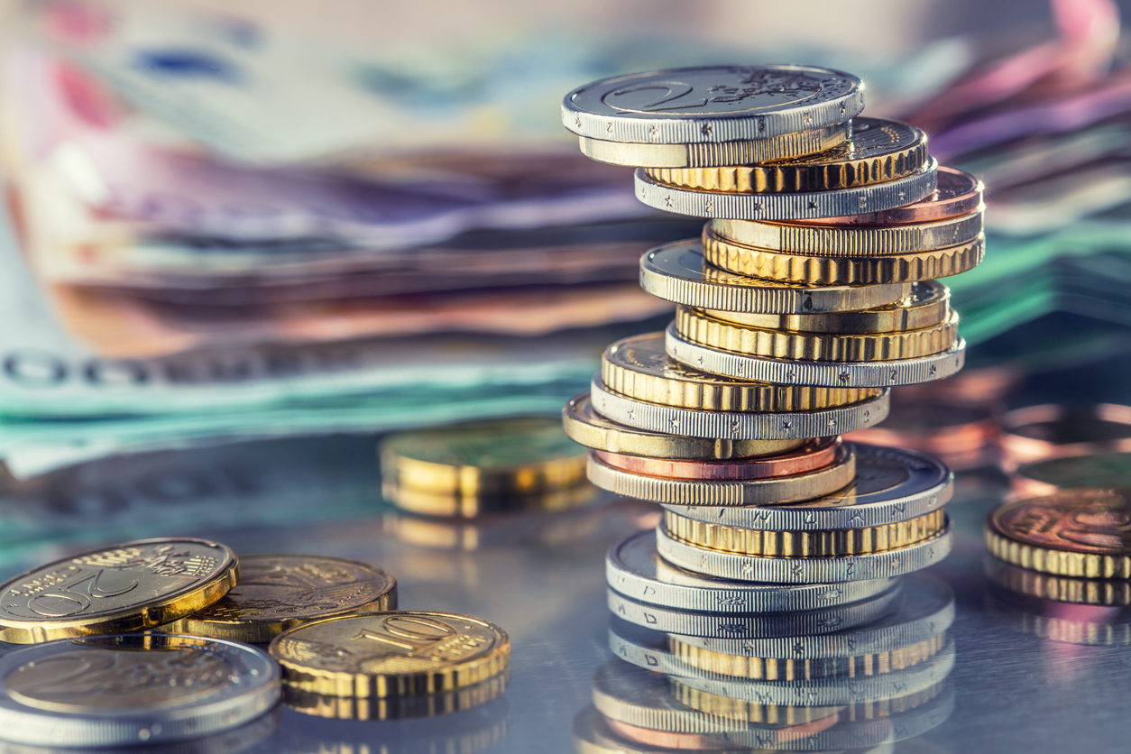 Money. Euro coins. Euro money. Euro currency.Coins stacked on each other in different positions. Money concept.