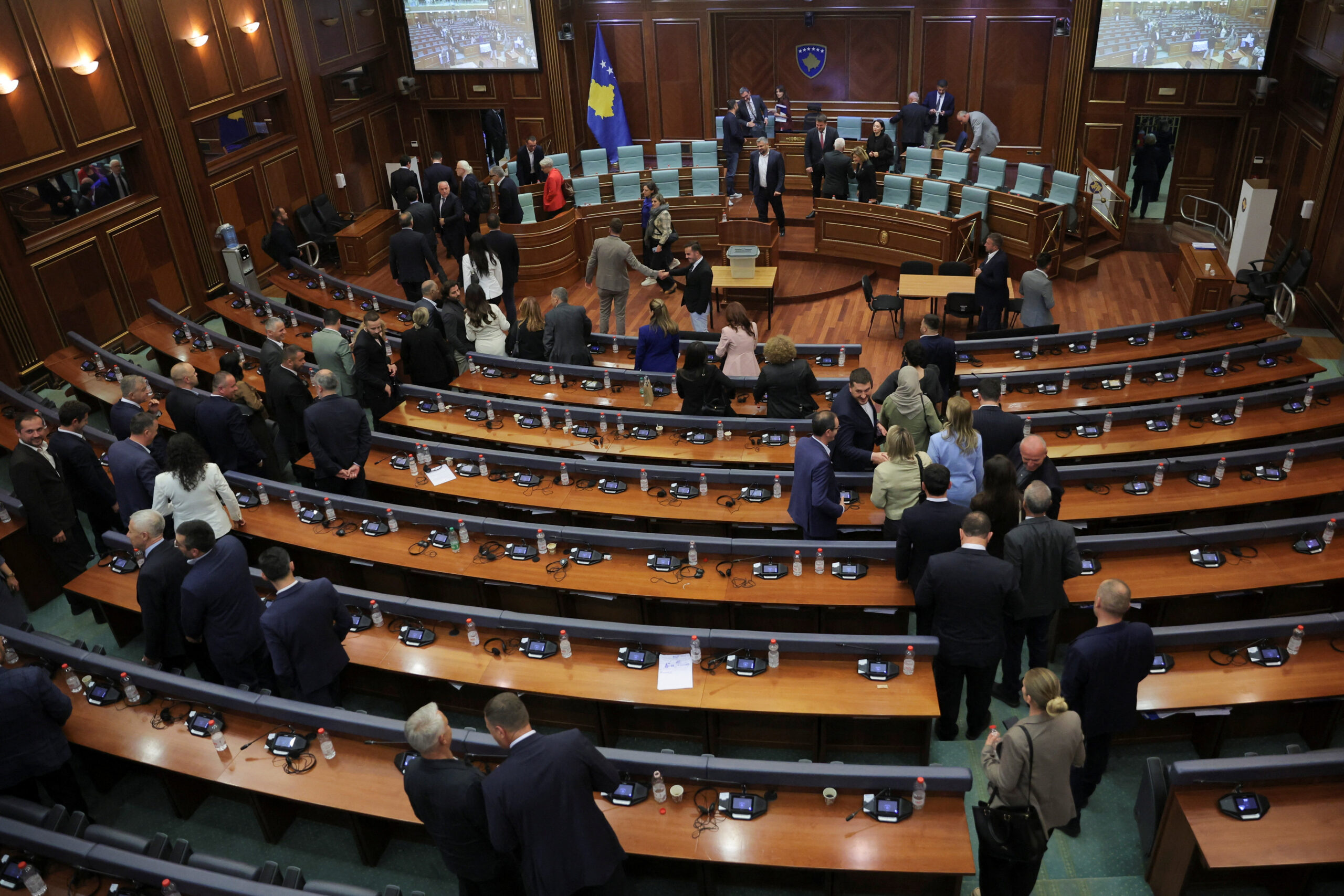 Members of the parliament leave the plenary session after failing to elect the new president at the parliament building in Pristina, Kosovo April 28, 2026. REUTERS/Valdrin Xhemaj