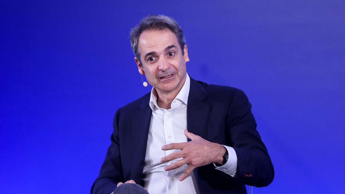 Ο πρωθυπουργός, Κυριάκος Μητσοτάκης στο βήμα του 4ου προσυνεδρίου της Νέας Δημοκρατίας στο Ηράκλειο Κρήτης