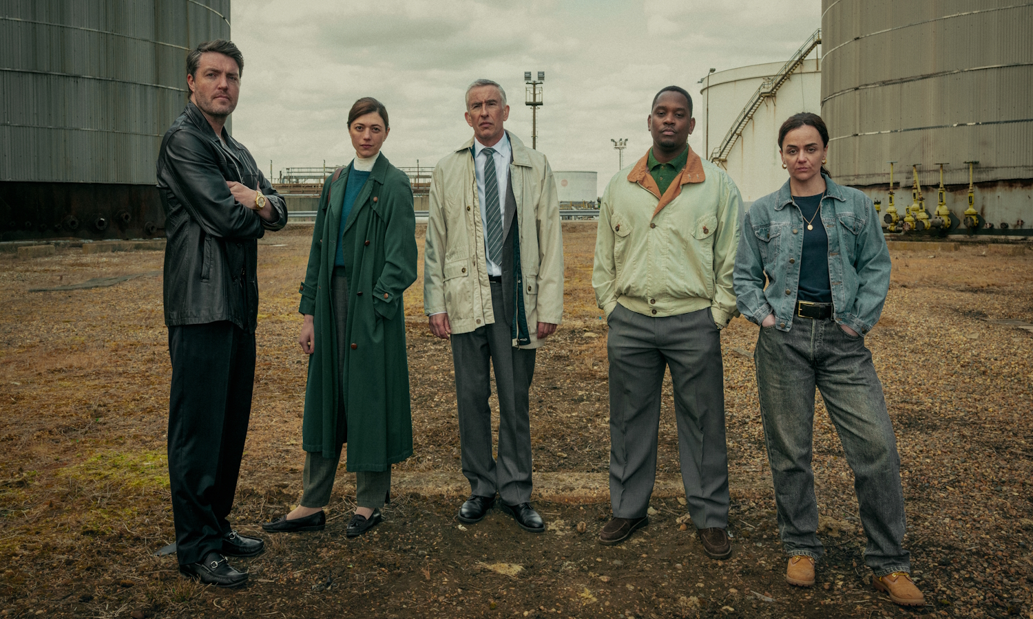 Legends. (L to R) Tom Burke as Guy, Jasmine Blackborow as Erin, Steve Coogan as Don, Aml Ameen as Bailey, Hayley Squires as Kate, in Legends. Cr. Courtesy of Sally Mais