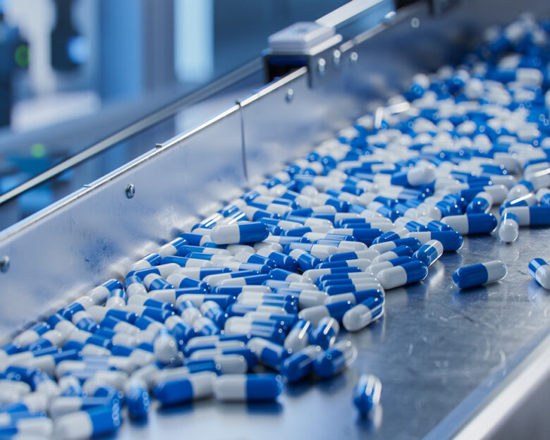 Blue Capsules on Conveyor at Modern Pharmaceutical Factory. Tablet and Capsule Manufacturing Process. Close-up Shot of Medical Drug Production Line.