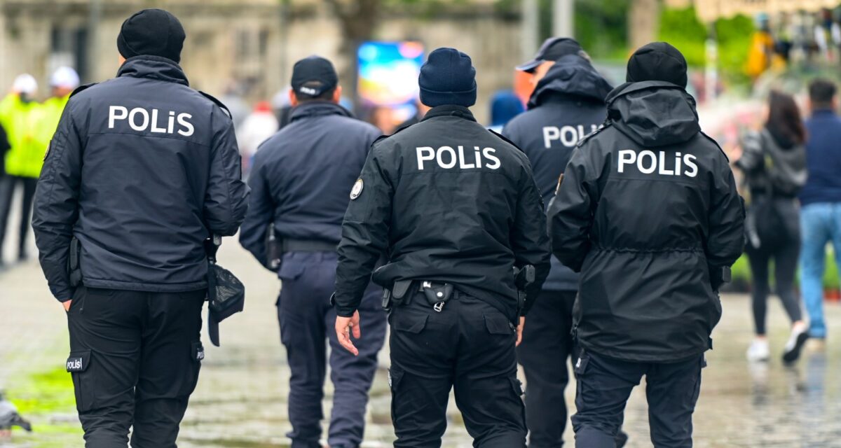 ISTANBUL - MAY 01: Group of Turkish Policemen going in a street of Istanbul on May 01. 2024 in Turkey