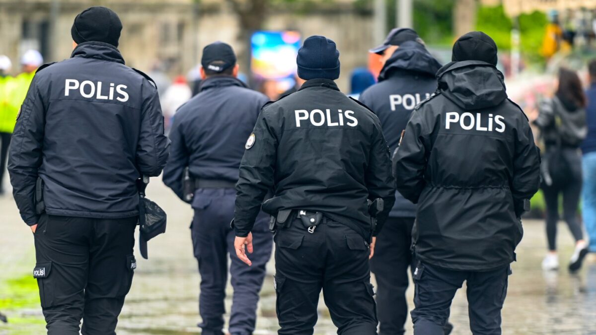 ISTANBUL - MAY 01: Group of Turkish Policemen going in a street of Istanbul on May 01. 2024 in Turkey