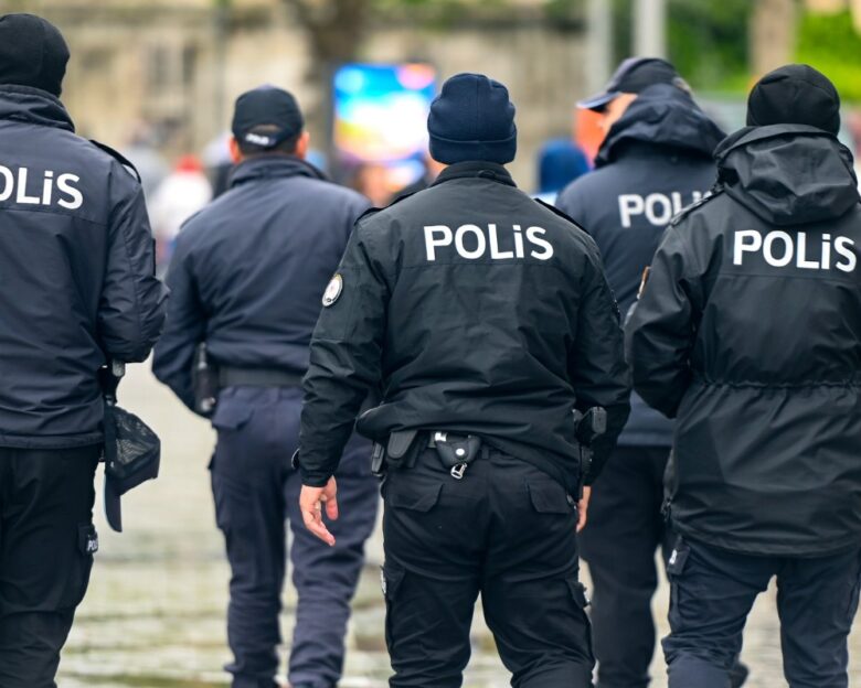 ISTANBUL - MAY 01: Group of Turkish Policemen going in a street of Istanbul on May 01. 2024 in Turkey