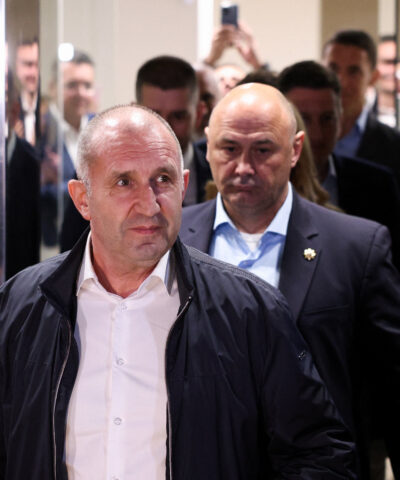Rumen Radev, former Bulgarian president and leader of Progressive Bulgaria coalition, walks to address the media after the first exit polls at the parliamentary election, in Sofia, Bulgaria, April 19, 2026. REUTERS/Spasiyana Sergieva