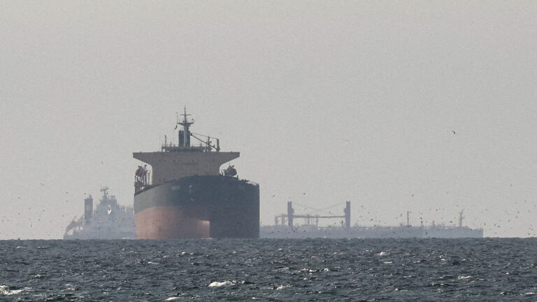 FILE PHOTO: Cargo ships in the Gulf, near the Strait of Hormuz, as seen from northern Ras al-Khaimah, near the border with Oman’s Musandam governance, amid the U.S.-Israeli conflict with Iran, in United Arab Emirates, March 11, 2026. REUTERS/Stringer/File Photo/File Photo