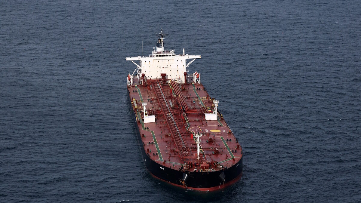 An aerial view shows the oil tanker named Boracay (also called Pushpa), a vessel being investigated by French authorities and suspected of belonging to the so-called "shadow fleet" involved in the Russian oil trade, off the coast of the western France port of Saint-Nazaire, France, October 2, 2025. REUTERS/Stephane Mahe