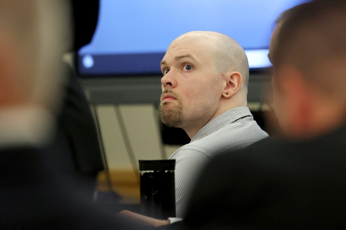 Defendant Tanner Horner looks up at his defense team before pleading guilty to capital murder in the November 2022 strangulation killing of 7-year-old Athena Strand, Tuesday, April 7, 2026, at the Tim Curry Criminal Justice Center in Fort Worth, Texas. (Amanda McCoy/Star-Telegram via AP, Pool)