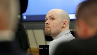 Defendant Tanner Horner looks up at his defense team before pleading guilty to capital murder in the November 2022 strangulation killing of 7-year-old Athena Strand, Tuesday, April 7, 2026, at the Tim Curry Criminal Justice Center in Fort Worth, Texas. (Amanda McCoy/Star-Telegram via AP, Pool)