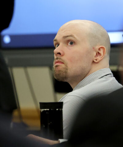 Defendant Tanner Horner looks up at his defense team before pleading guilty to capital murder in the November 2022 strangulation killing of 7-year-old Athena Strand, Tuesday, April 7, 2026, at the Tim Curry Criminal Justice Center in Fort Worth, Texas. (Amanda McCoy/Star-Telegram via AP, Pool)