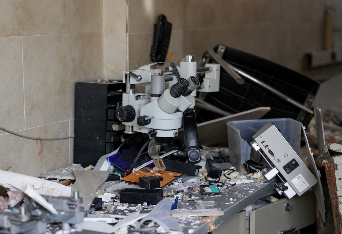 Aftermath of a strike at the Shahid Beheshti University in Tehran Laboratory equipment at the research building of the Shahid Beheshti University, which was damaged by a strike, amid the U.S.-Israeli conflict with Iran, in Tehran, Iran, April 4, 2026. Majid Asgaripour/WANA (West Asia News Agency) via REUTERS ATTENTION EDITORS - THIS PICTURE WAS PROVIDED BY A THIRD PARTY