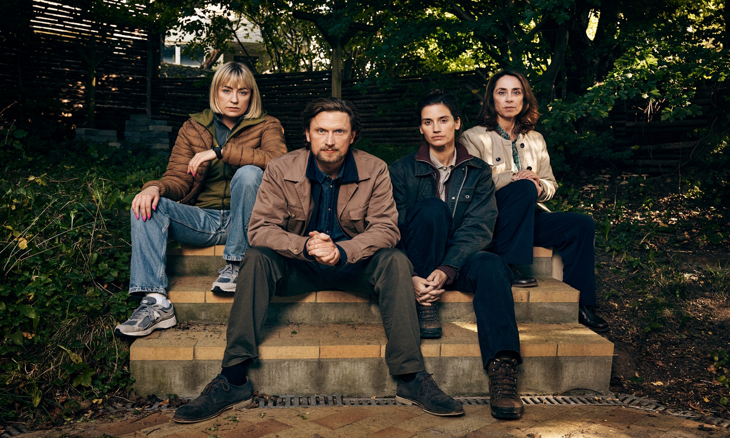 Kastjanemanden. (L to R) Katinka Lærke Petersen as Sandra Lindstrøm, Mikkel Boe Følsgaard as Mark Hess, Danica Curcic as Naia Thulin, Sofie Gråbøl as Marie Holst in Kastanjemanden. Cr. Courtesy of Netflix © 2024
