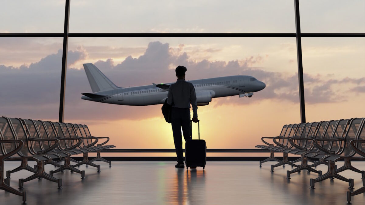 Silhouette of a man walking in the airport as the plane takes off during sunset. 3D illustration
