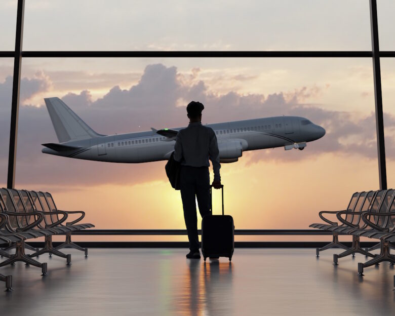 Silhouette of a man walking in the airport as the plane takes off during sunset. 3D illustration