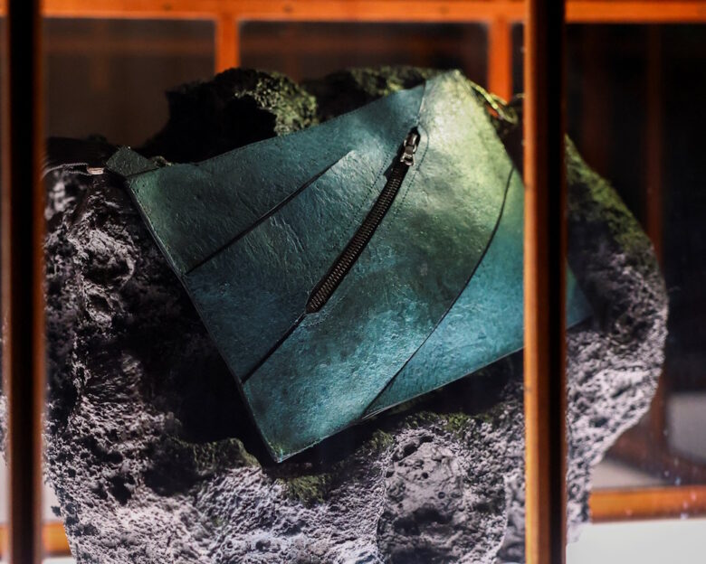 Μια τσάντα που κατασκευάστηκε με κολλαγόνο που προέρχεται από απολίθωμα Τυραννόσαυρου Ρεξ εκτίθεται στο Μουσείο ArtZoo στο Άμστερνταμ της Ολλανδίας