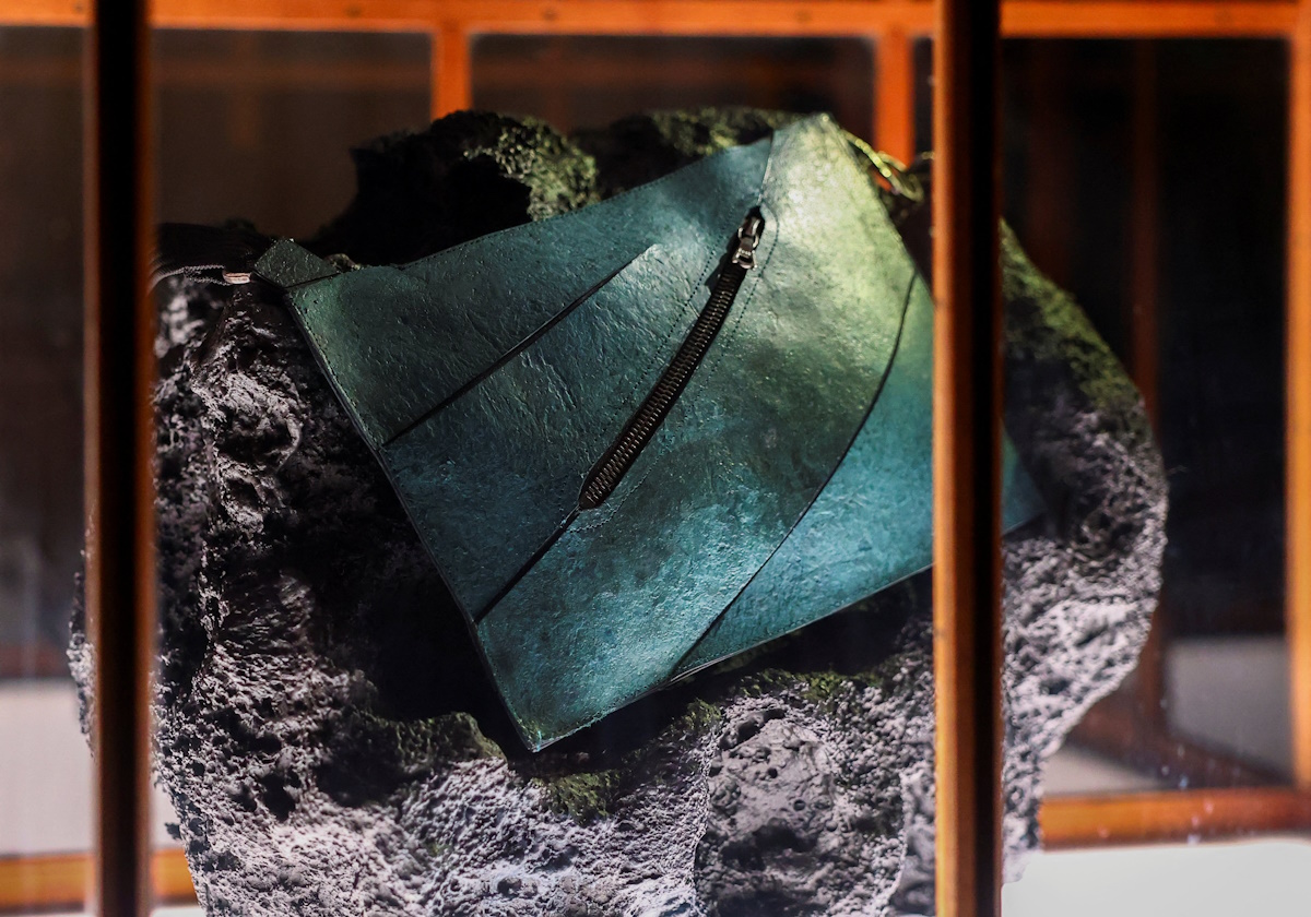 Μια τσάντα που κατασκευάστηκε με κολλαγόνο που προέρχεται από απολίθωμα Τυραννόσαυρου Ρεξ εκτίθεται στο Μουσείο ArtZoo στο Άμστερνταμ της Ολλανδίας