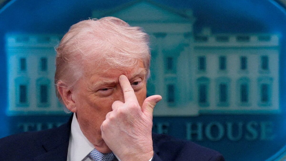 U.S. President Donald Trump gestures as he speaks during a press conference in the James S. Brady Press Briefing Room at the White House in Washington, D.C., U.S., April 6, 2026. REUTERS
