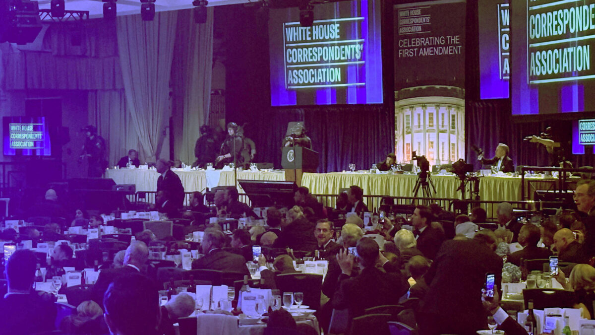 Guests watch from tables after U.S. President Donald Trump and first lady Melania Trump were rushed out of the White House Correspondents' Association dinner by Secret Service agents after a loud, unidentified noise, in Washington, D.C., U.S. April 25, 2026.  REUTERS