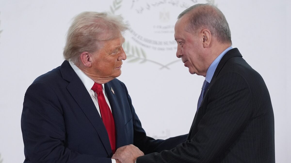President Donald Trump greets Turkey's President Recep Tayyip Erdogan during a summit to support ending the more than two-year Israel-Hamas war in Gaza after a breakthrough ceasefire deal, Monday, Oct. 13, 2025, in Sharm El Sheikh, Egypt.