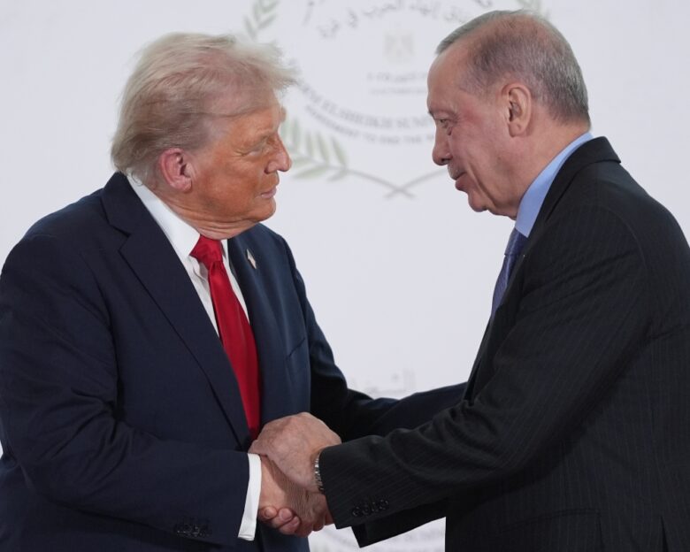 President Donald Trump greets Turkey's President Recep Tayyip Erdogan during a summit to support ending the more than two-year Israel-Hamas war in Gaza after a breakthrough ceasefire deal, Monday, Oct. 13, 2025, in Sharm El Sheikh, Egypt.