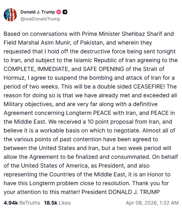 Η ανάρτηση του Ντόναλντ Τραμπ στο Truth Social για αναστολή των βομβαρδισμών κατά του Ιράν για δύο εβδομάδες έως τις 22 Απριλίου
