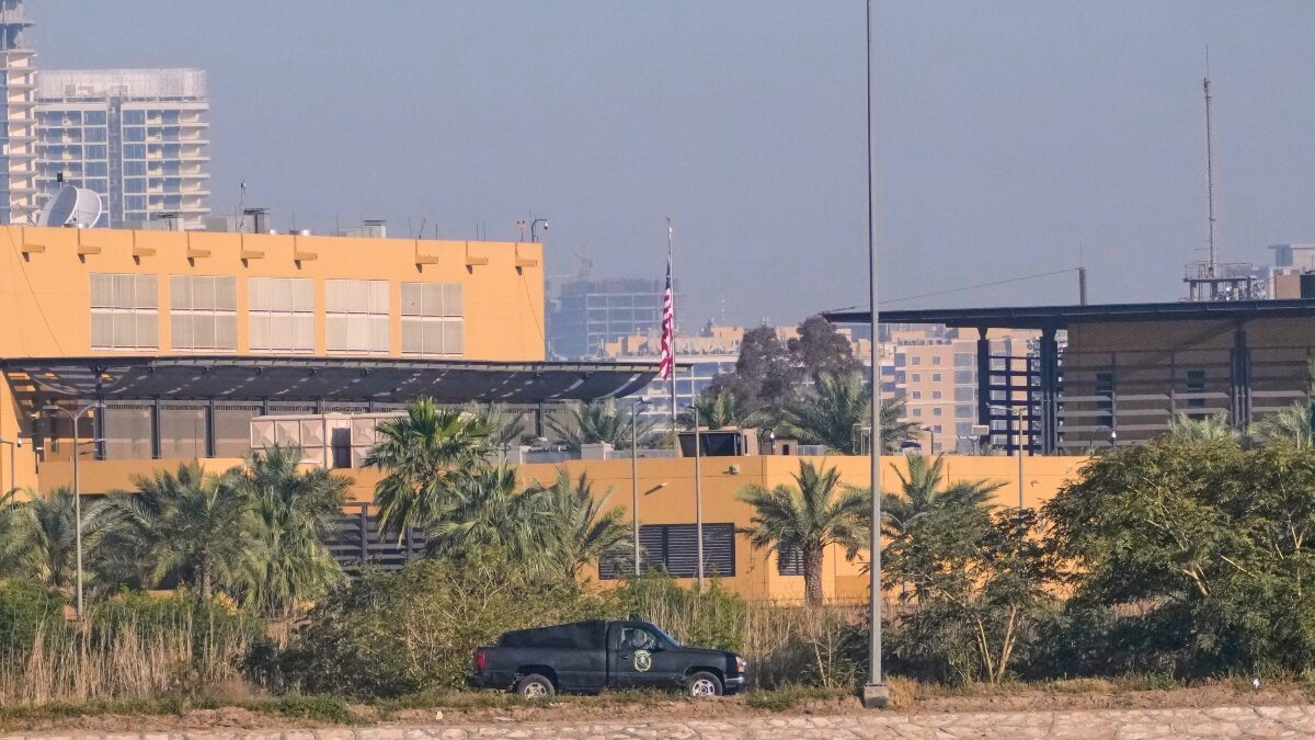 U.S. Embassy is seen across the Tigris River in Baghdad, Tuesday, March 17, 2026. (AP Photo/Hadi Mizban)