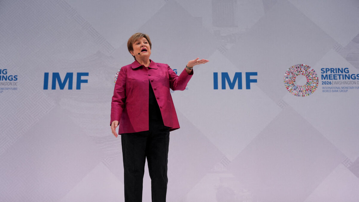 IMF Managing Director Kristalina Georgieva delivers a speech ahead of the IMF/World Bank's spring meetings in Washington