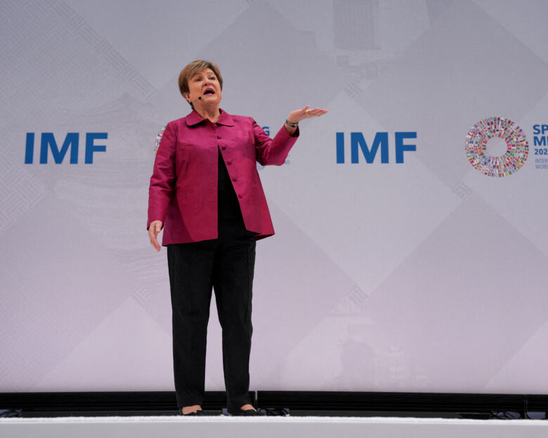 IMF Managing Director Kristalina Georgieva delivers a speech ahead of the IMF/World Bank's spring meetings in Washington