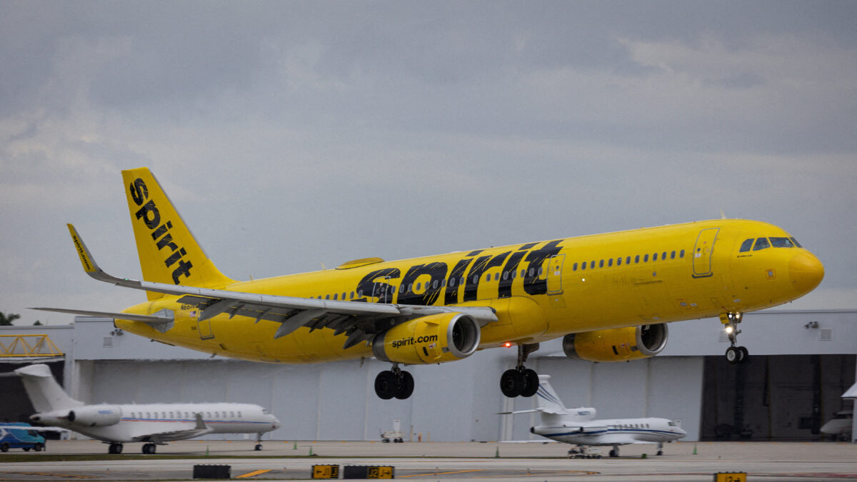 FILE PHOTO: A Spirit Airlines flight arrives at Fort Lauderdale - Hollywood International Airport, in Fort Lauderdale, Florida, U.S., April 23, 2026. REUTERS