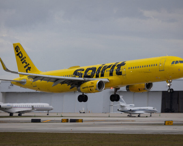 FILE PHOTO: A Spirit Airlines flight arrives at Fort Lauderdale - Hollywood International Airport, in Fort Lauderdale, Florida, U.S., April 23, 2026. REUTERS