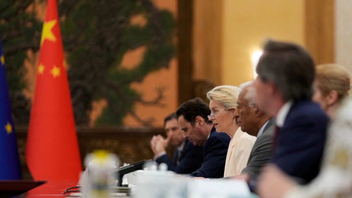 FILE PHOTO: European Commission President Ursula von der Leyen speaks during opening remarks with the Chinese Premier Li Qiang during EU-China summit at the Great Hall of the People in Beijing, China, July 24, 2025.