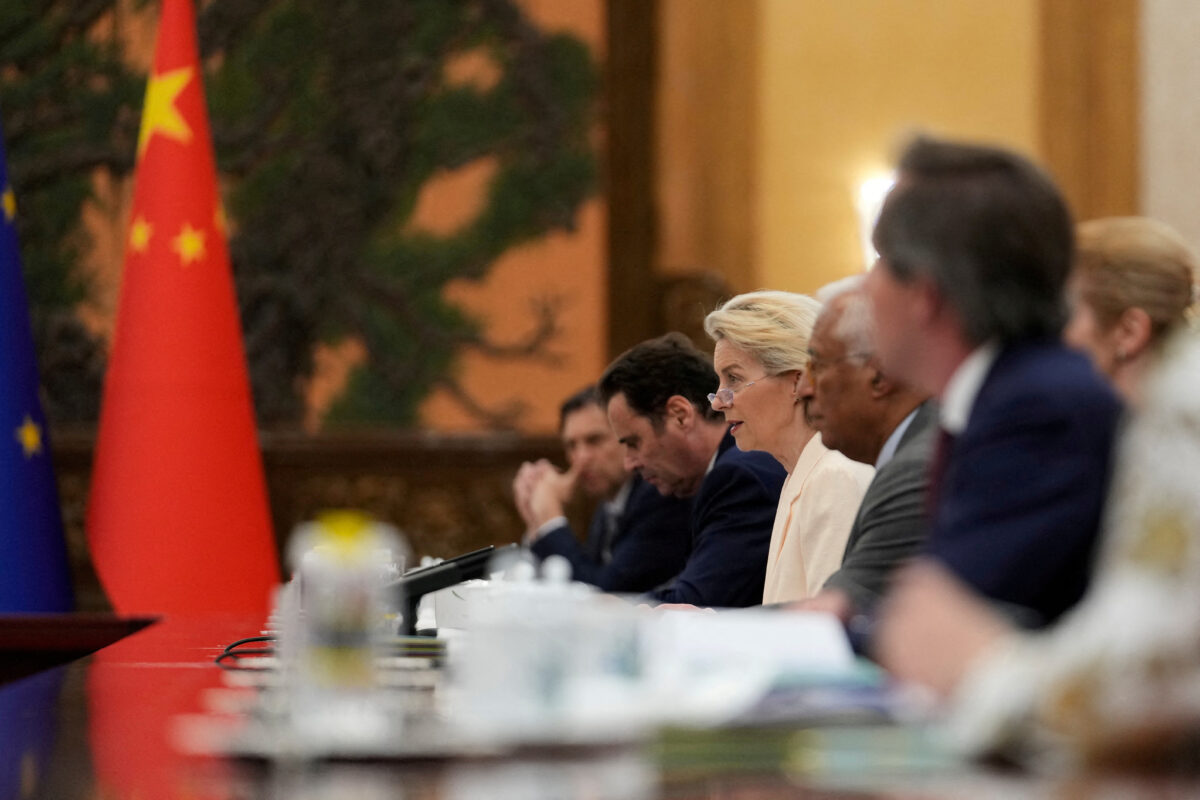 FILE PHOTO: European Commission President Ursula von der Leyen speaks during opening remarks with the Chinese Premier Li Qiang during EU-China summit at the Great Hall of the People in Beijing, China, July 24, 2025.