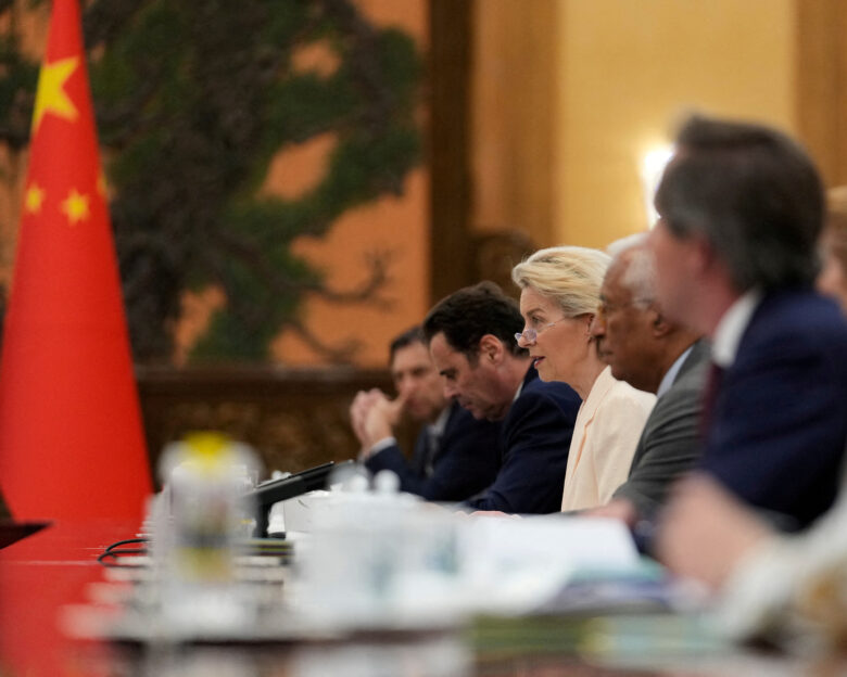 FILE PHOTO: European Commission President Ursula von der Leyen speaks during opening remarks with the Chinese Premier Li Qiang during EU-China summit at the Great Hall of the People in Beijing, China, July 24, 2025.