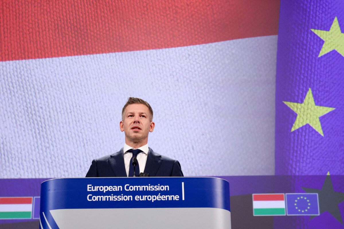 Hungarian Prime Minister Peter Magyar speaks during a press conference with European Commission President Ursula von der Leyen (not pictured) following negotiations on suspended EU funds, in Brussels, Belgium, May 29, 2026.