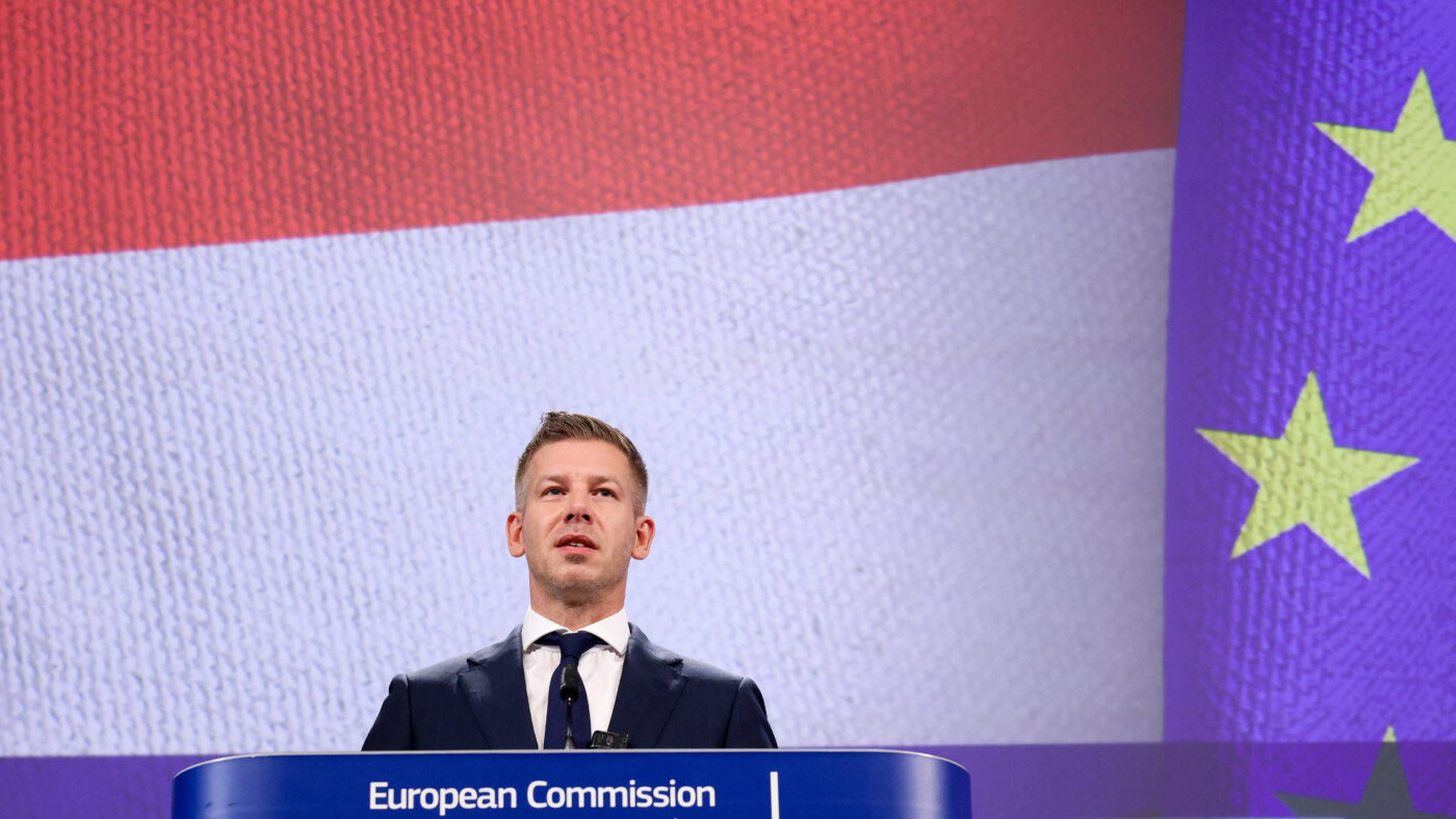 Hungarian Prime Minister Peter Magyar speaks during a press conference with European Commission President Ursula von der Leyen (not pictured) following negotiations on suspended EU funds, in Brussels, Belgium, May 29, 2026.