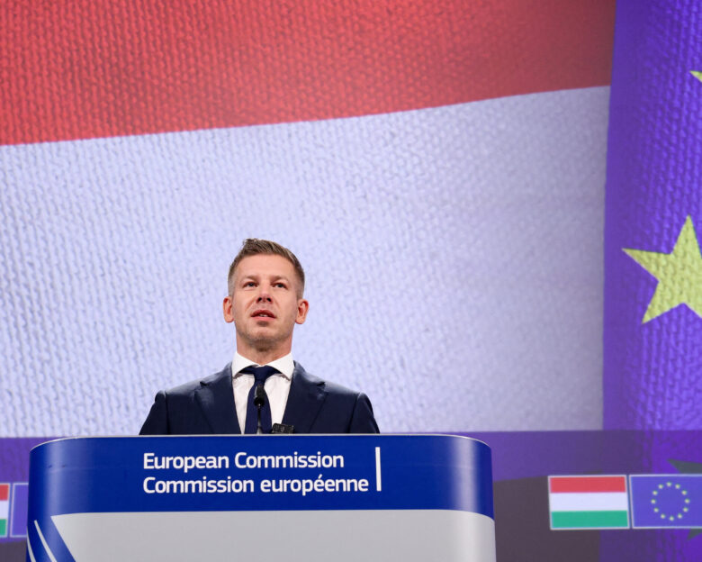 Hungarian Prime Minister Peter Magyar speaks during a press conference with European Commission President Ursula von der Leyen (not pictured) following negotiations on suspended EU funds, in Brussels, Belgium, May 29, 2026.
