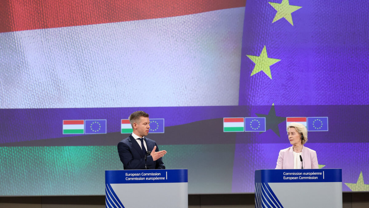 Hungarian Prime Minister Peter Magyar speaks during a press conference with European Commission President Ursula von der Leyen following negotiations on suspended EU funds, in Brussels, Belgium, May 29, 2026.
