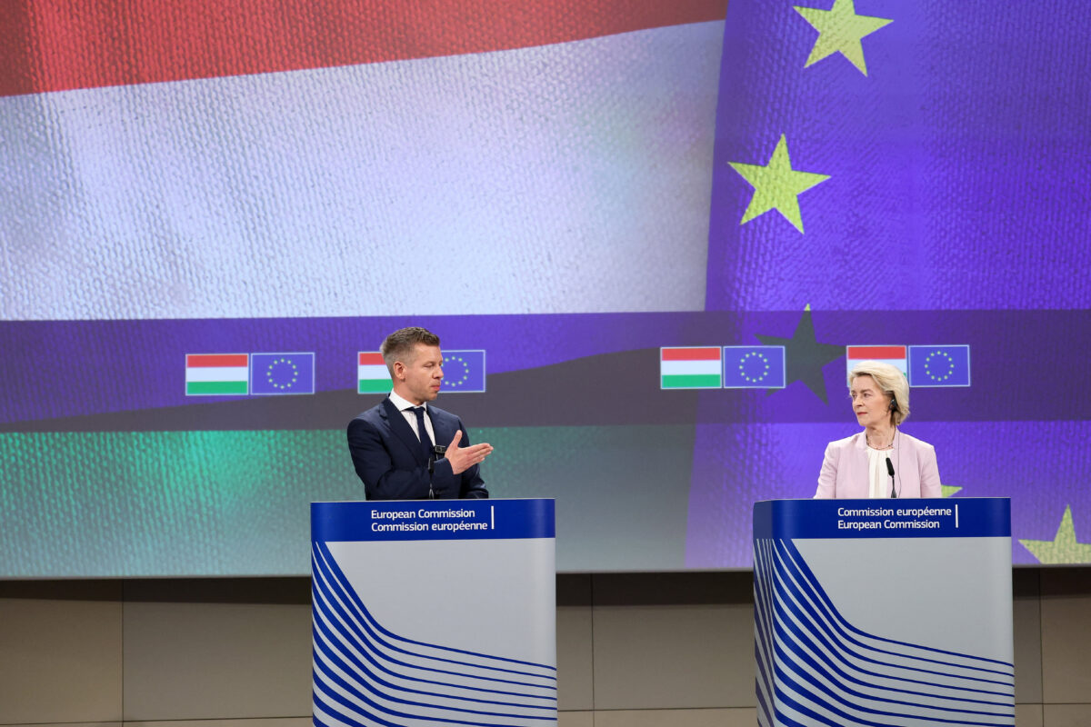 Hungarian Prime Minister Peter Magyar speaks during a press conference with European Commission President Ursula von der Leyen following negotiations on suspended EU funds, in Brussels, Belgium, May 29, 2026.