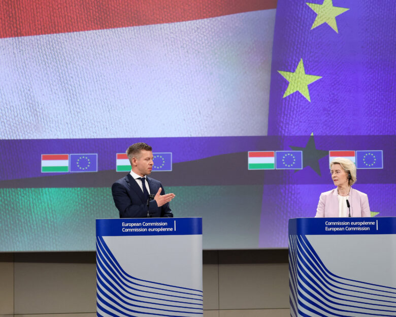 Hungarian Prime Minister Peter Magyar speaks during a press conference with European Commission President Ursula von der Leyen following negotiations on suspended EU funds, in Brussels, Belgium, May 29, 2026.