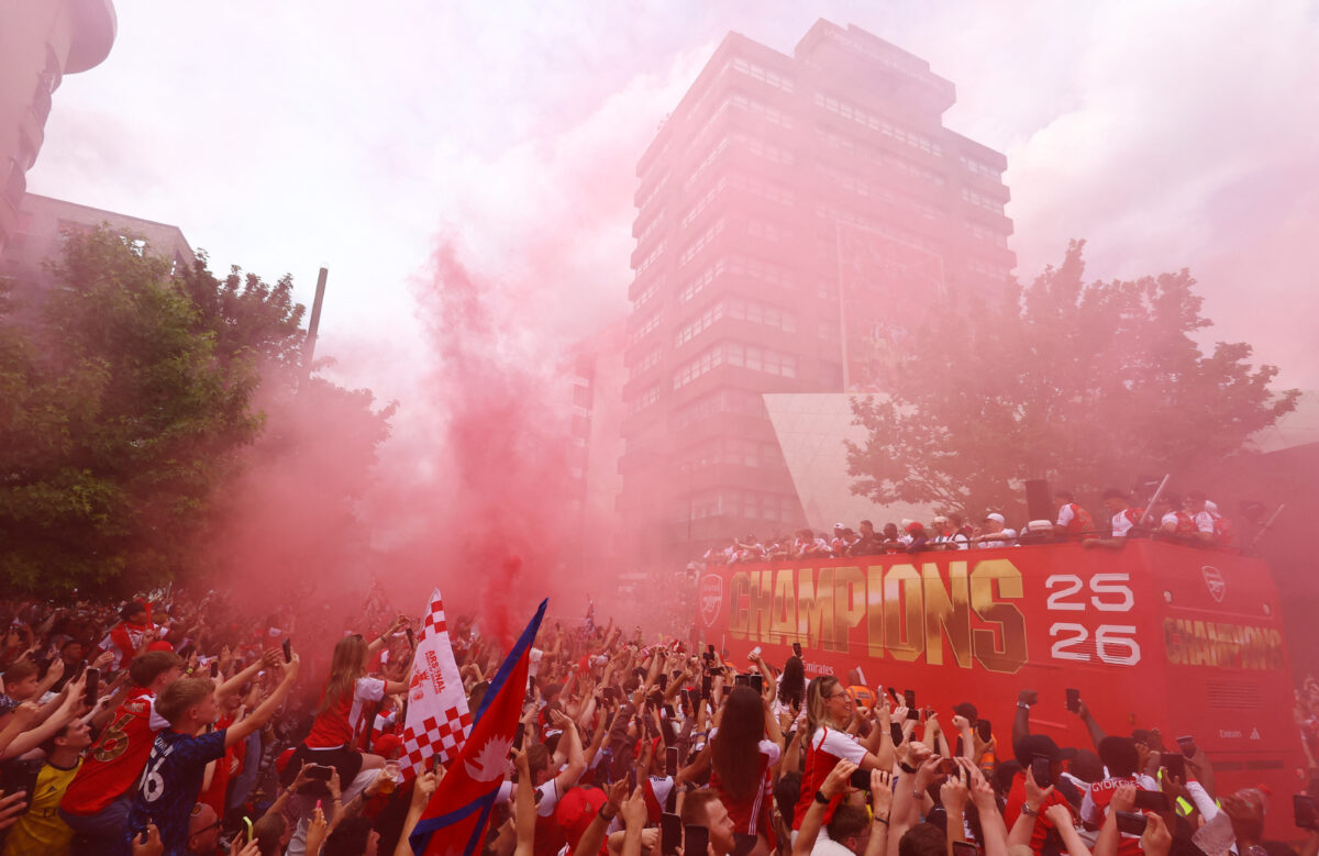 Soccer Football - Premier League - Arsenal Victory Parade - London, Britain - May 31, 2026 General view as Arsenal players and fans celebrate during the victory parade Action Images via Reuters