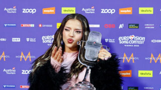 The winner of the 2026 Eurovision Song Contest, DARA, representing Bulgaria, holds the trophy at a press conference after the Grand Final, in Vienna, Austria, May 17, 2026. REUTERS/Lisa Leutner